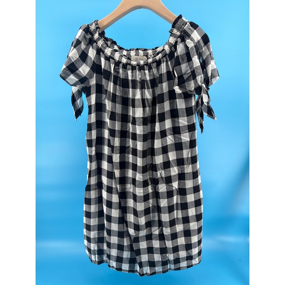 LOFT Tops - Loft Black White Buffalo Plaid Off Shoulder Tie Sleeve Top Blouse Medium
